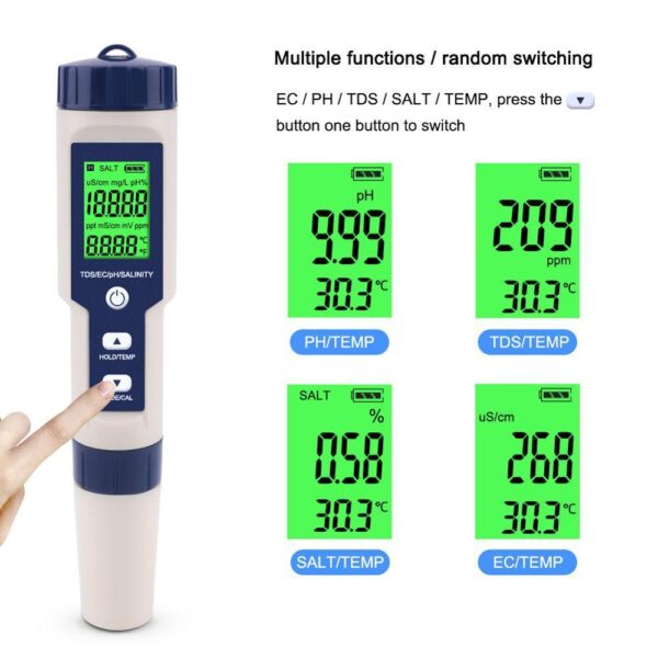 Medidor de Qualidade de Água Digital YIERYI EZ-9909A 5 em 1 Verificador Multiuso TDS / EC / PH / Salinidade / Temperatura - Loja Oficial | XploudShop