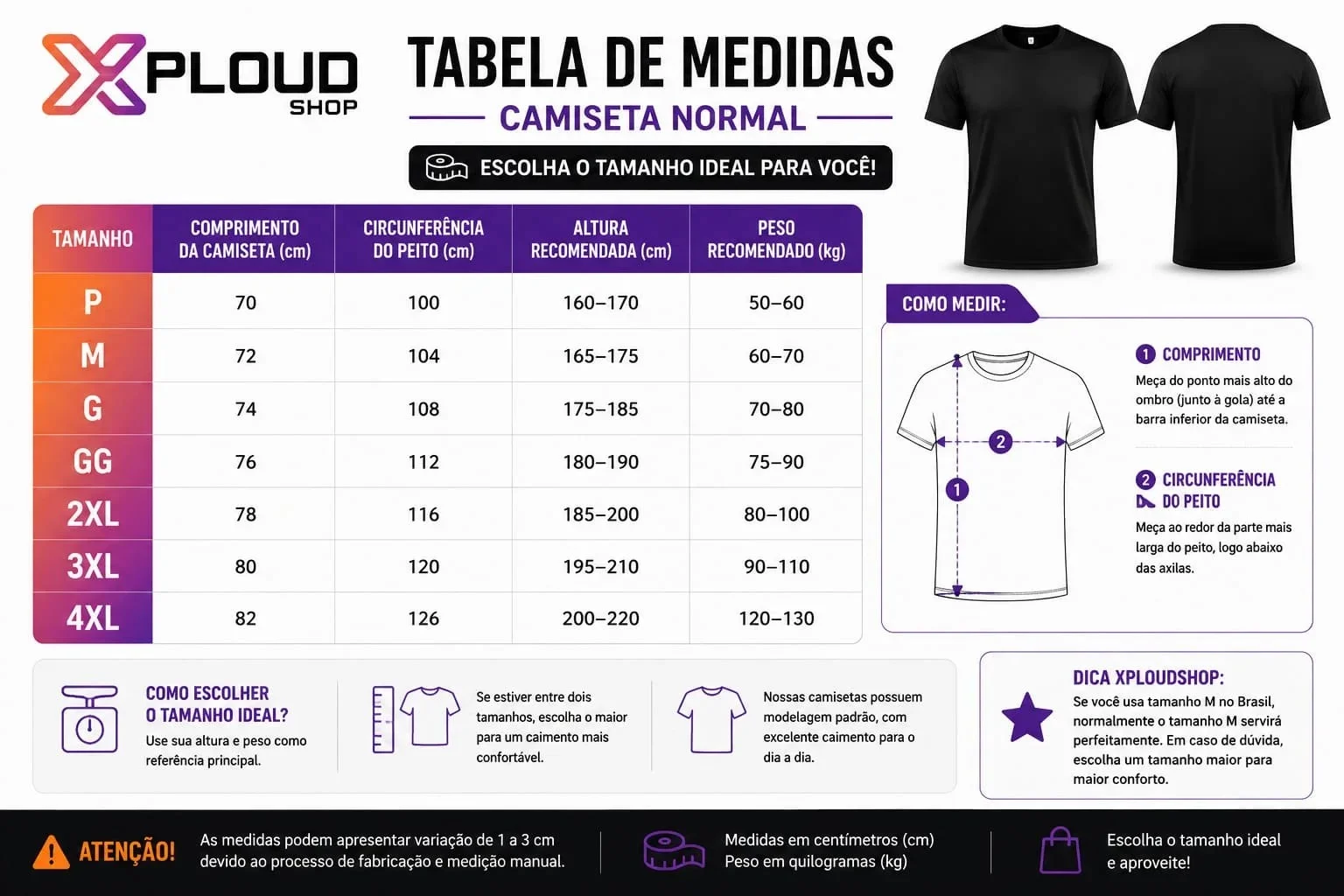 Tabela de Medidas Camisa Torcedor Xploudshop